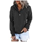 Einfarbig Damen Pullover Kordelzug Hoodies Tops Knopf O-Ausschnitt Casual Dunkle Farbe Down Langarm Tasche Sweatshirts, Schwarz , 50