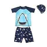 Kinder Junge Badeanzug Bademode Zweiteiliger Kurzarm UV-Schutz Bade-Set T-Shirt Badeshorts mit Badekappe (Blue, 104-110CM)