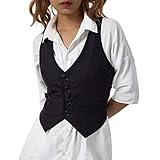 Blazer Weste Damen Retro Verstellbare Knopfleiste Weste V-Ausschnitt Business Slim Fit Anzug Taillierter ärmelloser Mantel, Schwarz , 36