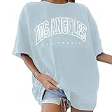 Tomwell T-Shirt Damen Oversized Mode Lose Rundhals Kurzarm Sommer Oberteile Vintage Drucken Bluse Streetwear Sport Oberteile Sweatshirt Teenager Mädchen Tunika Lang Tops Blau S