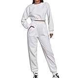 laamei Sportanzug Damen Jogginganzug Trainingsanzug Bauchfrei Langarm Shirt mit Jogginghose Elastisch Bund Zweiteiler Sportswear Outfit Yoga Fitness Freizeitanzug Streetwear(A-Weiß，XXL)