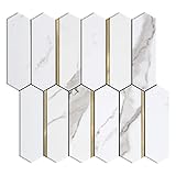 KASARO Wandfliesenaufkleber aus Kunstmarmor, lang, sechseckig, mit goldenen Streifen, dekorativ, abziehen und aufkleben, Backsplash-Fliesen für Küche, 30 x 28,4 cm, Weiß