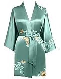 BABEYOND Morgenmantel Damen Kurz Blumen Muster Kimono Satin Robe Sommer Leicht Bademantel Mini Damen Schlafmantel Elegant Nachtwäsche(Stil4-Grün)