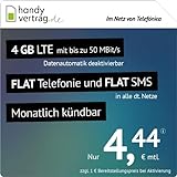 handyvertrag.de LTE All 4 GB - monatlich kündbar (Flat Internet 4 GB LTE mit max. 50 MBit/s mit deaktivierbarer Datenautomatik, Flat Telefonie, Flat SMS und EU-Ausland, 4,44 Euro/Monat)