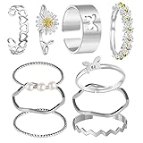 BOZILY 10 STÜCKE Damenrings, Böhmische Fingerringe Ringe Frauen Verstellbar, Gänseblümchen Perle Gelenk Welle Blume Knöchelringe Stapelbar Bandringe Ring-Set für Valentinstag Frauen M