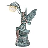 TERESA'S COLLECTIONS Sitzende Elfen Gartenfiguren Solar Glaskugeln Beleuchtung 35cm Engel Statue aus Polystein Bronze Garten Solarfiguren Feen Statue Gartendekoration Solar Figur Fee Fairy für Auß