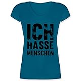 Sprüche Statement mit Spruch - Ich Hasse Menschen Vintage Effekt - Schwarz - S - Türkis - Damen t Shirts mit v Ausschnitt - XO1525 - Damen T-Shirt mit V