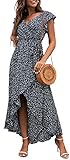 GRECERELLE Damen Sommerkleid Maxikleid Boho Floral Cocktail Midi Polka Dot Wickelkleider V-Ausschnitt Casual Party Bohemian Flowy Langes Kleid für Damen, 30 Jasmin & Marineblau, XXL