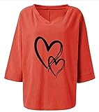 Masrin Damen Baumwolle und Leinen Tops Vintage Plus Size Liebe Herz Druck T-Shirt Einfarbig V-Ausschnitt 3/4 Ärmel lose Tunika Bluse(XXXXL,Orange)