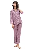 Prodesign Schlafanzug Satin Damen Pyjama Set Weich Lang Ärmel Oberteil mit Knopfleiste und Hose Loungewear Set Sleepwear Damen Hausanzug für Frauen (3-Lavendel, S)