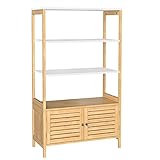 SONGMICS Badezimmerschrank, Aufbewahrungsschrank mit 3 offenen Fächern und 2 Türen, aus Bambus, 70 x 30 x 120 cm, naturfarben-weiß BCB010N01