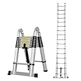 5M Teleskopleiter Alu Leiter Ausziehbare Klappleiter 2.5M + 2.5M Teleskop Leiter mit Stabilisator, Aluminiumleiter Flexibel Leiter für Außenbereich Dachb