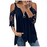 Fitness Shirt Damen, Reißverschluss V-Ausschnitt Damen T Shirt Sexy Off Shoulder Top 1/2-Ärmeln Ausgehöhlte Spitze Einfarbig Basic Tops Elegante Tunika Lang Damen Oberteil,Marine,M