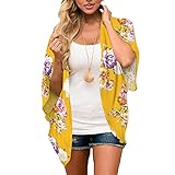 Wasserfall-Cardigan für Damen, Sommer, 3/4-Ärmel, mittellang, offene Vorderseite, Blumenmuster, Chiffon, Kimono, Tops, Capes, Sonnenschutz, Cover-Up, Yellow_a115, M