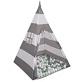 Selonis Tipi Spielzelt Mit 100 Bälle 6 cm Indianerzelt Für Kinder, Grau-Weiße Streifen:Weiß/Grau/M