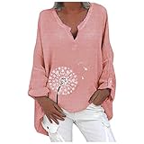 Yowablo Bluse Damen Hemden Hemdbluse Bluse Top Frauen Plus Size Lässig Langarm Blumendruck Hemd mit Lockerem V-Ausschnitt (XL,1Rosa)