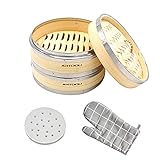Bambus Dampfgarer, Bamboo Steamer, 2 Etagen Bambusdämpfer 20cm mit Deckel + 50 Papier + 1 Ofenhandschuh，Bambus Dampfkorb Dämpfaufsatz mit Edelstahlstreifenbildung , Gemüse, Fleisch,Fisch，Dumpling