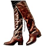 Hotberry Damen Hohe Stiefel Klassische Retro Overknee-Stiefel mit Dicken Absätzen Schnürstiefeln Einfarbige Stiefel Bequeme Western Cowboystiefel rutschfest Schneestiefel Reitstiefel für F