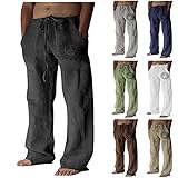 JIAYOUA Leinenhosen Herren Freizeithose Lang Leichte Sommerhose mit Kordelzug Elastische Taille Jogginghose Atmungsaktive Hose Herren Baumwolle Stretch Outdoor Freizeithose mit T