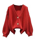nicticsi Strickjacke Damen Y2K Pullover mit Blumenmuster V-Ausschnitt Langarm Vintage Preppy Stil Strickpullover Floral Print Cardigan F Rot Einheitsgröß