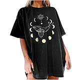 Masrin Astronaut Sun Moon T-Shirt Frauen Vintage Tops Drop Sleeves 3D-Gedruckter Pullover Lässige Kurzarm-Rundhalsausschnitt mit Loser Tunika (L,Schwarz4)