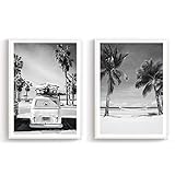 Flanacom Design Poster 2er Set A3 Schwarz Weiß - hochwertiger Kunstdruck auf Hochglanz Premiumpapier - Moderne Bilder/Deko Wohnung - Motiv Surfer Bus/Strand Palmen (27 x 42 cm) (ohne Rahmen)