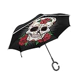 Totenkopf Zigarre Rose Schwarz Mode Invertierter Regenschirm UV-Schutz Winddichter Umbrella Invertiert Schirm Kompakt Umkehren Schirme für Auto Jungen Mädchen Reise Strand F