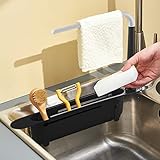 Waschbecken Caddy Teleskop-Spülenhalter Küchenspülen Organizer Schwamm Seifenhalter Organizer Waschbecken Sider Wasserhahn, Waschbeckenständer Erweiterbarer Ablagekorbhalter (Schwarz)