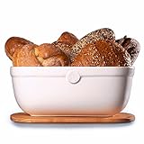 küchenspecht Brotkasten Keramik - weiße Brotbox 36x25x14cm mit Kirschholzdeckel - Brottopf Ton in Europa hergestellt - hält Brot extra lang