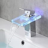 LED Wasserhahn Bad Wasserfall Waschtischarmatur, mit 3 x Farbewechsel Einhebelmischer Waschtischarmatur, Strom aus Wasserkraft, Messing Chrom aus G