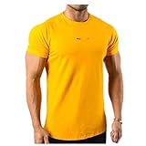 Gym T-Shirt Herren Kurzarm Baumwolle T-Shirt Casual Blank Slim T-Shirt Männer Fitness Bodybuilding Workout Sommer Kleidung Gr. XXL, gelb