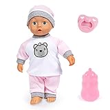 Bayer Design 93602AA Babypuppe Kiss Baby, Puppe, mit Kussfunktion u. Sounds, Interaktive Weichkörperpuppe, Funktionspuppe mit Schnuller und Flasche, weiß, rosa, grau mit Bären M