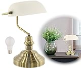 Bankerlampe Weiß Messing Retro - Schreibtischlampe LED mit Weißem Glas Lampenschirm - Banker Tischlampe Büro - Schreibtischleuchte mit Leuchtmittel E27 - Bürolampe Schreibtisch Antik