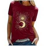 Zilosconcy Vintage Oberteile Damen Oversized Tshirt Lustig Streetwear Sonne Mond Motiv Sportshirt Kurzarm Sport Oberteile Sweatshirt Rundhals Teenager Mädchen Top Lang Sommer Oberteile Top