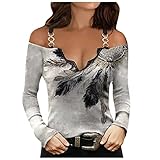 Yowablo Damen Langarmshirt Pullover Bluse Damen Spitze Gedruckt Casual Sexy V-Ausschnitt Sling Langarm Top (XXL,5grau)