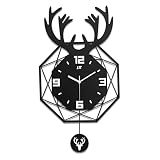 EMPYOU Hirschkopf-Wanduhr im nordischen Stil, leises Uhrwerk, Holz + Schmiedeeisen, doppelschichtiges Design, Stummschaltung ohne Häkchen, moderner Stil, geeignet für Z