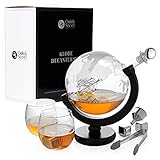 OS Oak & Steel Globus Whisky Dekanter Geschenkset - Karaffe mit Gläser, Whiskey Steine & Glasstop