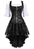 Grebrafan Steampunk Leder Reißverschluss Corsage Kostüm mit asymmetrischer Spitzenrock und Bluse - für Karneval Fasching Halloween (EUR(34-36) M, Schwarz)