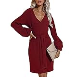 Herbst Und Winter Casual Fashion Damen V-Ausschnitt Einfarbig Laterne Langarm Krawatte Taille Lose Absicherung Kurze Tasche HüFtkleid D