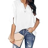 DOMBX Damen Chiffon Seide Kleiderhemden Sommer Fledermaus Kurzarm V-Ausschnitt Knöpfe Lose T-Shirt Bluse Oberteile Frauen Mode Basic Übergröße Einfarbig Büro Party Legere Geschäftskleidung Crop Top