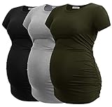 Smallshow Damen Umstandsmode Tops Seitlich Geraffte Schwangerschafts Umstandstop 3er Pack Black/Grey/Army Green M