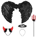 Sprinlot Flügel Schwarz 4pcs, Flügel Heiligenschein Teufelshörner und Dreizack, Federflügel Engel, Böser Engel Kostüm, Dunkler Engel Kostüm für Halloween Karneval Party Cosplay