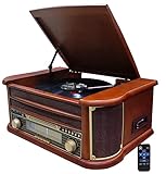 Nostalgie Holz Musikanlage | Bluetooth | Kassettendeck | Kompaktanlage | Retro Stereoanlage | Plattenspieler | Radio | CD MP3 Player USB | Fernbedienung | MP3-Encoding: Aufnahmefunktion AUX IN |