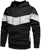 Rave on Friday Unisex Hoodie Schwarz Patchwork Fleece Pullover Langarm Farbblock Sweatshirt Atmungsaktive Sport Outwear Hoody Casual Tops mit Kanga Tasche und Kordelzug für Herren Damen L