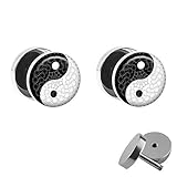 Treuheld | Set - Ying & Yang mit Ornamenten - 2 Ohr-Stecker zum Schrauben mit verziertem chinesischen Zeichen - Silber-Schwarz-Weiß Fake-Plugs - Ø 10mm - Ohr-Ringe - Daoismus - Edel-Stahl Fake-T