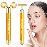 2-IN-1 Beauty Bar 24k Golden Massagegerät für das Gesicht, T-förmiges und 3D Rolle Gesichtsmassagegerät Hautpflege-T