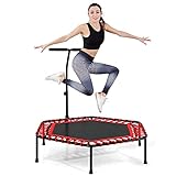 COSTWAY Ø129cm Fitness Trampolin mit höhenverstellbarem faltbarem Haltegriff, Mini Trampolin bis 150kg belastbar, Kindertrampolin Gartentrampolin für Erwachsene und Kinder (Rot)