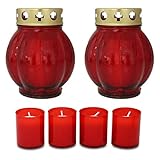 OLShop AG 2er Pack Glas Grablampen rot und Deckel inkl. 4er Pack Ersatzbrenner Nr. 2, Grablicht, Grabkerze, Grableuchte, Grablaterne, Grabschmuck, T