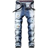 Fainash Herren Jeans Persönlichkeit Washed Ripped Patchwork Trend Colorblocking Streetwear Freizeitmode Ausgefranste Jeanshose 36