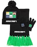 Minecraft Kids Bobble Hat Handschuhe Schal Set gestrickte Schwarze Mütze Einheitsgröß